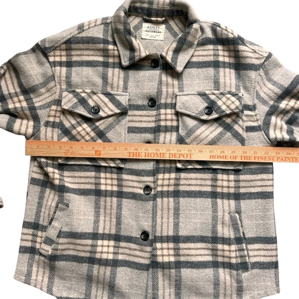 Ashley by 26 International Plaid Shacket Jacket Coat Beige Gray Wool Blend L - Picture 4 of 7